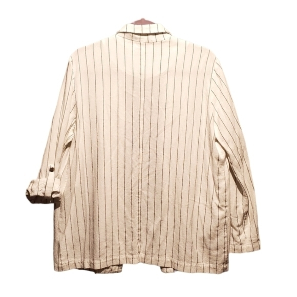 Stelen White Cotton Linen Open Blazer Jacket Roll Tab Sleeves Pinstripe Large - Picture 2 of 9